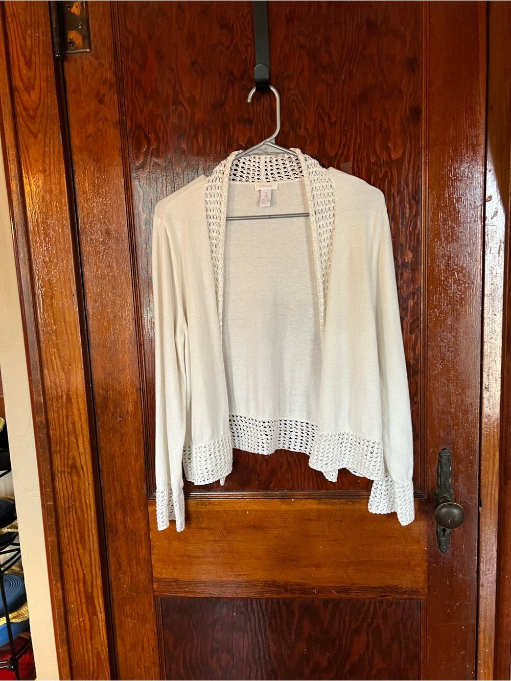 Chico's Cream Open-Front Crochet Trim Cardigan